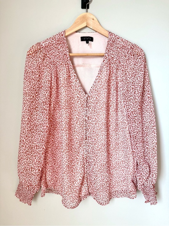 1. State Tops - 1.STATE Pink Leopard Print Button Front Flowy Long Sleeve Blouse